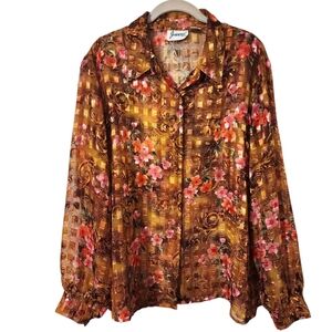 Vintage Joanna Sheer Gold Floral Print Button Down Shirt | Size XL